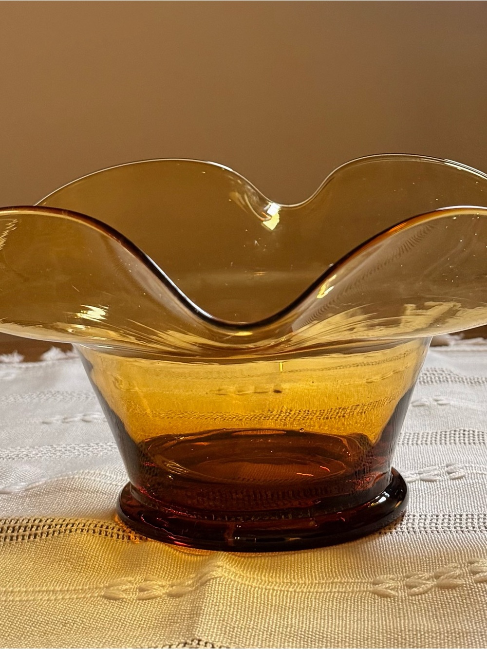 Ruffled Amber Glass Decorative Bowl